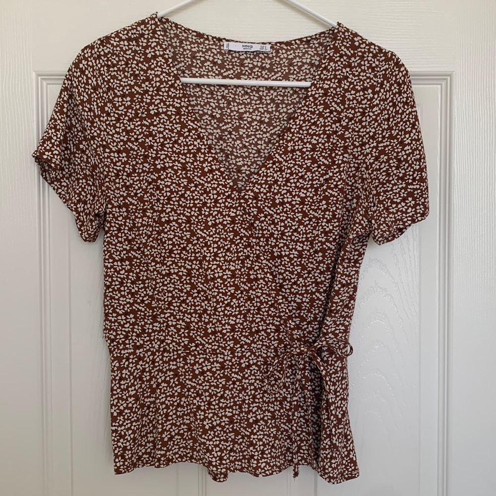MANGO Wrap Front Brown Floral V-neck Top